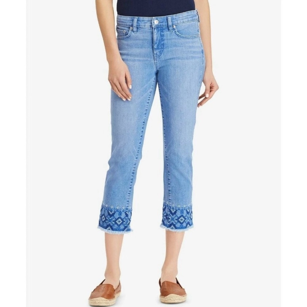 Lauren Ralph Lauren Embroidered Straight Crop Jeans in Indigo Mosaic Wash Sz. 8